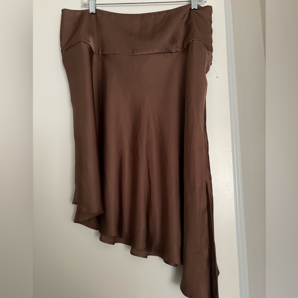 Anthropologie Chocolate Brown Satin Asymmetrical Slip Skirt